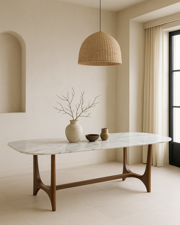 Modern dining table with marble top and wooden legs in a minimalistic room.
