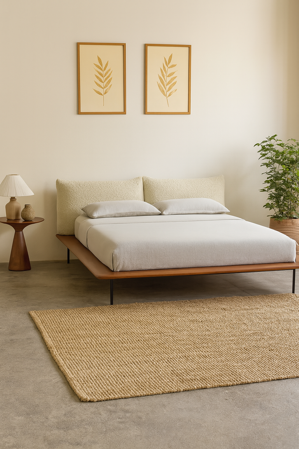 Modern bedroom with a bed, side table, lamp, and wall art . Styled using IRA Platform Bed from Cura Home
